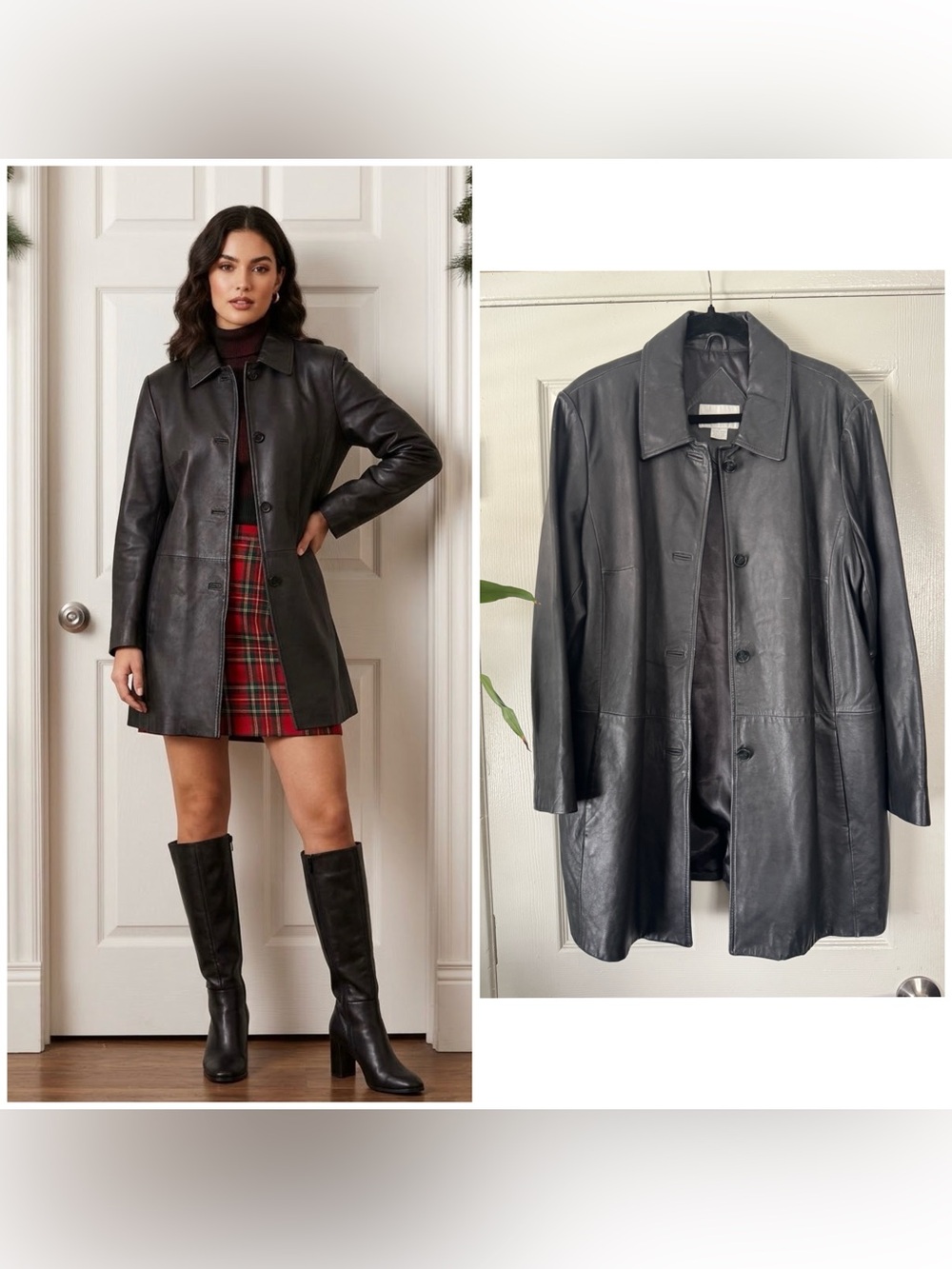 Worthington Black Genuine Leather Button-Front Coat, 1X